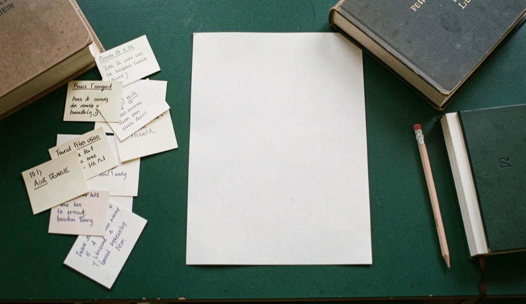 Overhead documentary photograph of index cards, a pencil, a book and a small notebook on a deep green desk, blank paper with no legible writing, soft window light. Distinct home category 1 composition for this editorial entry.