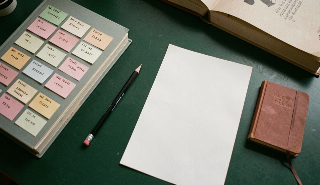 Overhead documentary photograph of index cards, a pencil, a book and a small notebook on a deep green desk, blank paper with no legible writing, soft window light. Distinct lead composition for this editorial entry.