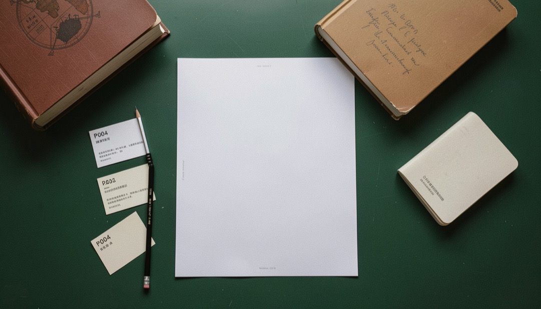 Overhead documentary photograph of index cards, a pencil, a book and a small notebook on a deep green desk, blank paper with no legible writing, soft window light. Distinct supporting card P004 4 composition for this editorial entry.