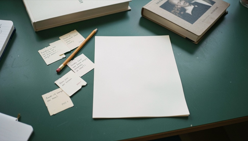 Overhead documentary photograph of index cards, a pencil, a book and a small notebook on a deep green desk, blank paper with no legible writing, soft window light. Distinct supporting card P005 4 composition for this editorial entry.