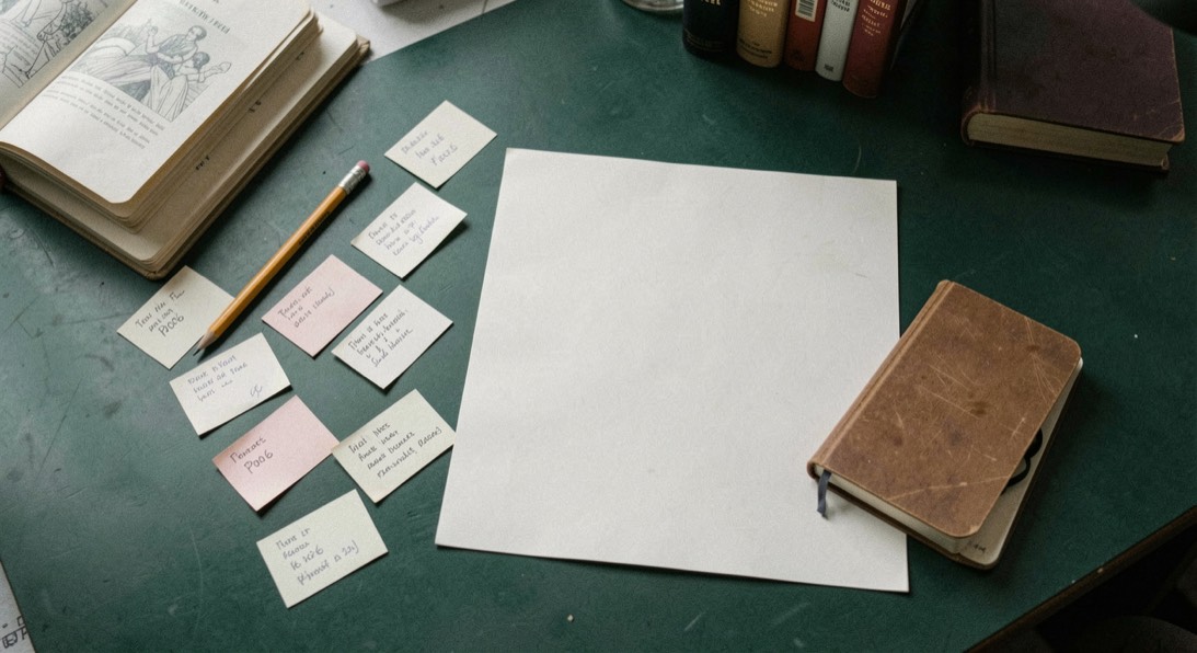 Overhead documentary photograph of index cards, a pencil, a book and a small notebook on a deep green desk, blank paper with no legible writing, soft window light. Distinct supporting card P006 1 composition for this editorial entry.