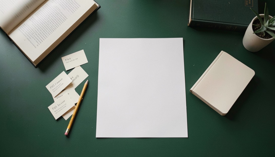 Overhead documentary photograph of index cards, a pencil, a book and a small notebook on a deep green desk, blank paper with no legible writing, soft window light. Distinct supporting card P103 4 composition for this editorial entry.