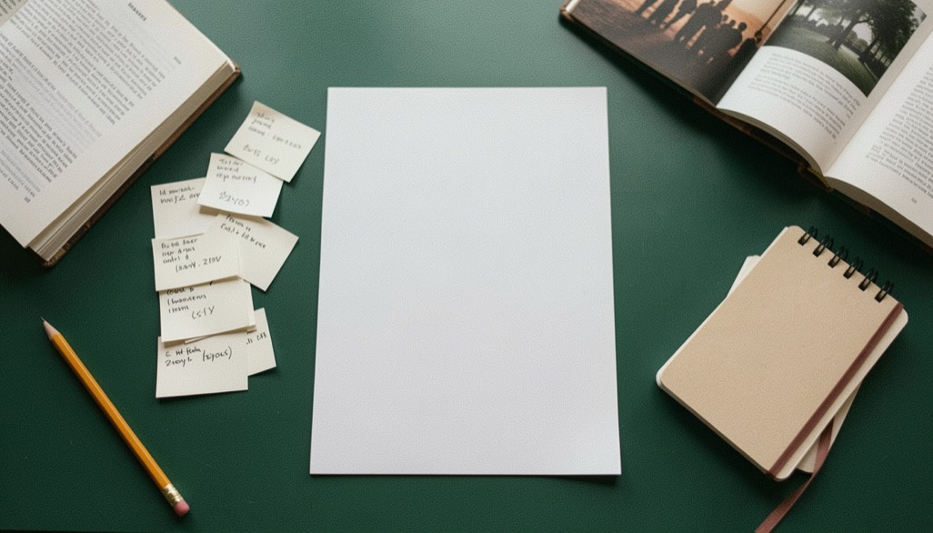 Overhead documentary photograph of index cards, a pencil, a book and a small notebook on a deep green desk, blank paper with no legible writing, soft window light. Distinct supporting card P106 4 composition for this editorial entry.