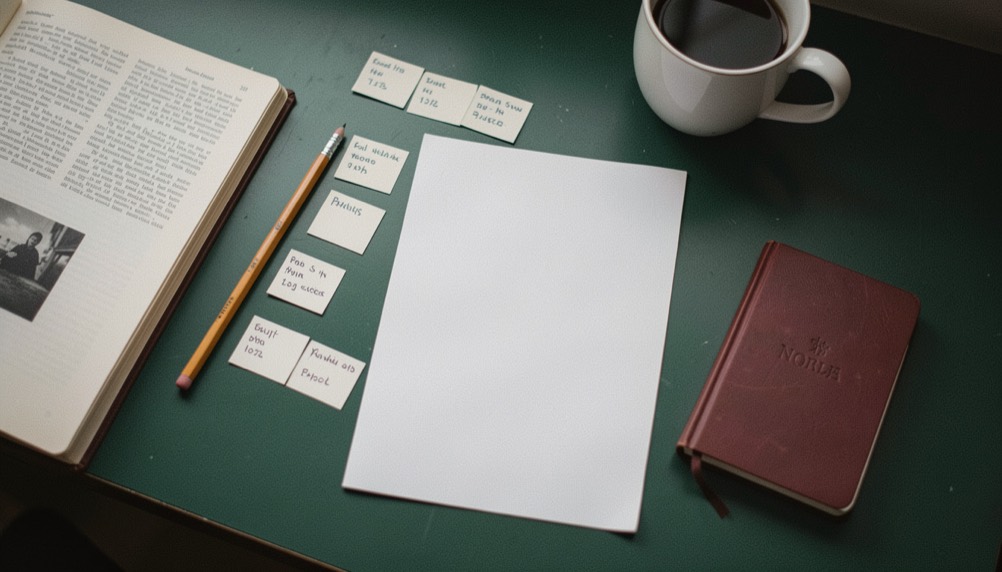 Overhead documentary photograph of index cards, a pencil, a book and a small notebook on a deep green desk, blank paper with no legible writing, soft window light. Distinct supporting card P107 4 composition for this editorial entry.