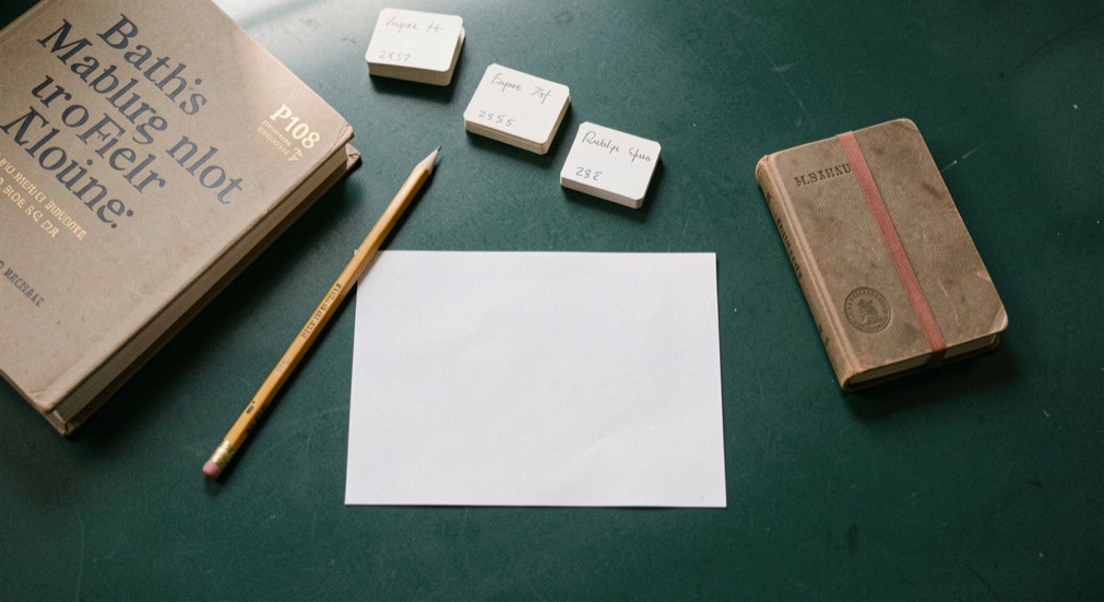 Overhead documentary photograph of index cards, a pencil, a book and a small notebook on a deep green desk, blank paper with no legible writing, soft window light. Distinct supporting card P108 1 composition for this editorial entry.
