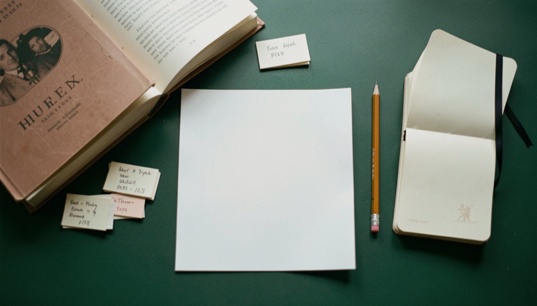 Overhead documentary photograph of index cards, a pencil, a book and a small notebook on a deep green desk, blank paper with no legible writing, soft window light. Distinct supporting card P109 4 composition for this editorial entry.