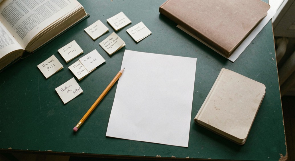 Overhead documentary photograph of index cards, a pencil, a book and a small notebook on a deep green desk, blank paper with no legible writing, soft window light. Distinct supporting card P111 1 composition for this editorial entry.