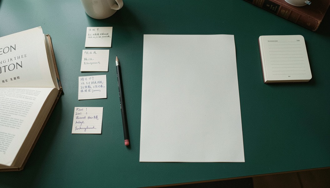 Overhead documentary photograph of index cards, a pencil, a book and a small notebook on a deep green desk, blank paper with no legible writing, soft window light. Distinct supporting card P201 4 composition for this editorial entry.