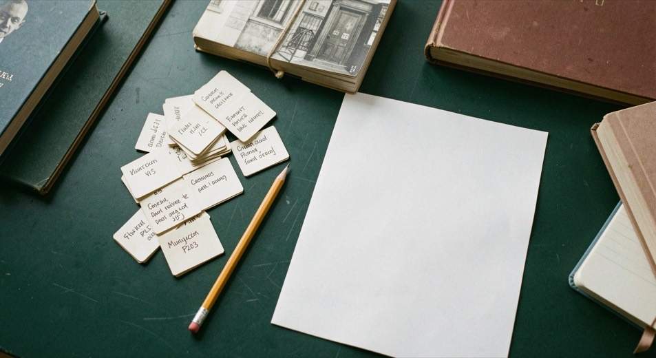 Overhead documentary photograph of index cards, a pencil, a book and a small notebook on a deep green desk, blank paper with no legible writing, soft window light. Distinct supporting card P203 1 composition for this editorial entry.