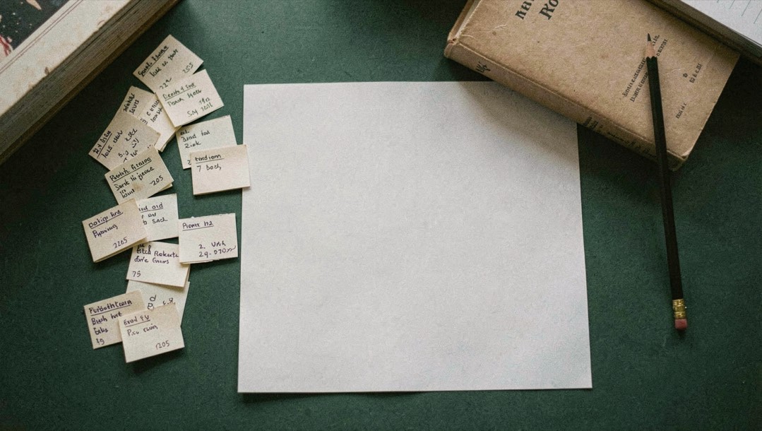 Overhead documentary photograph of index cards, a pencil, a book and a small notebook on a deep green desk, blank paper with no legible writing, soft window light. Distinct supporting card P205 2 composition for this editorial entry.
