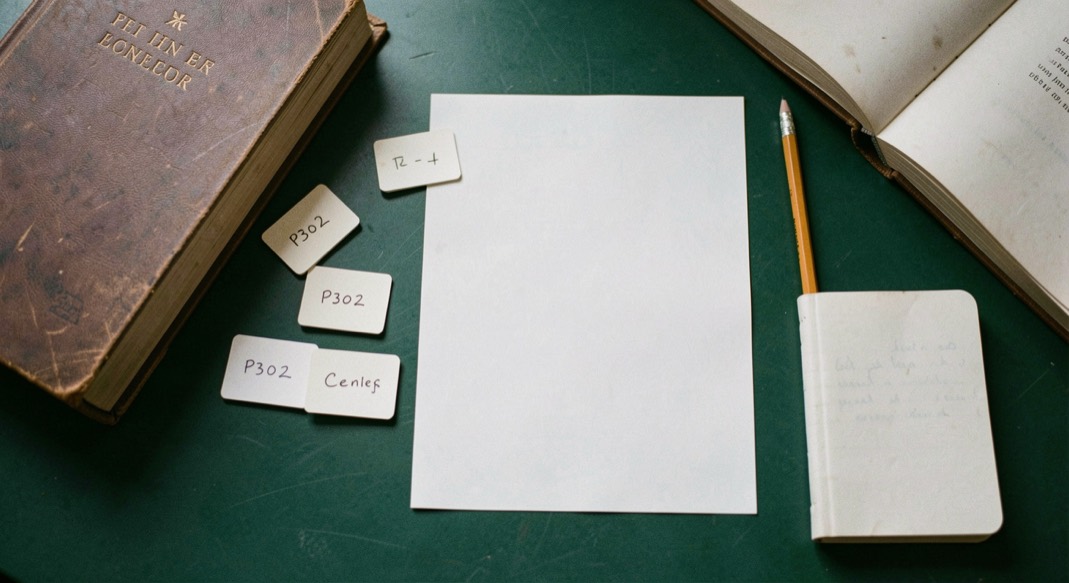 Overhead documentary photograph of index cards, a pencil, a book and a small notebook on a deep green desk, blank paper with no legible writing, soft window light. Distinct supporting card P302 1 composition for this editorial entry.
