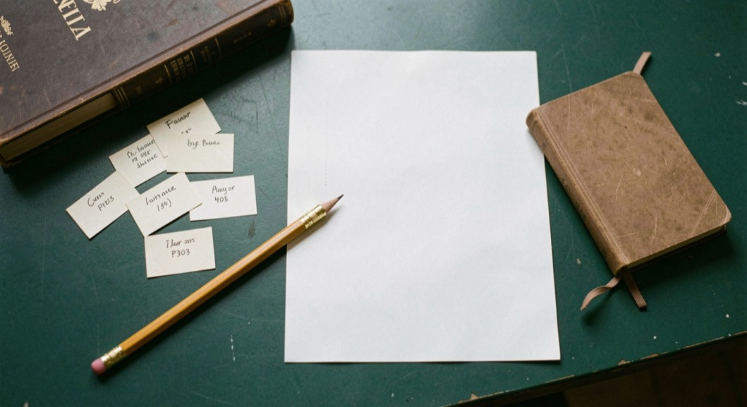 Overhead documentary photograph of index cards, a pencil, a book and a small notebook on a deep green desk, blank paper with no legible writing, soft window light. Distinct supporting card P303 1 composition for this editorial entry.