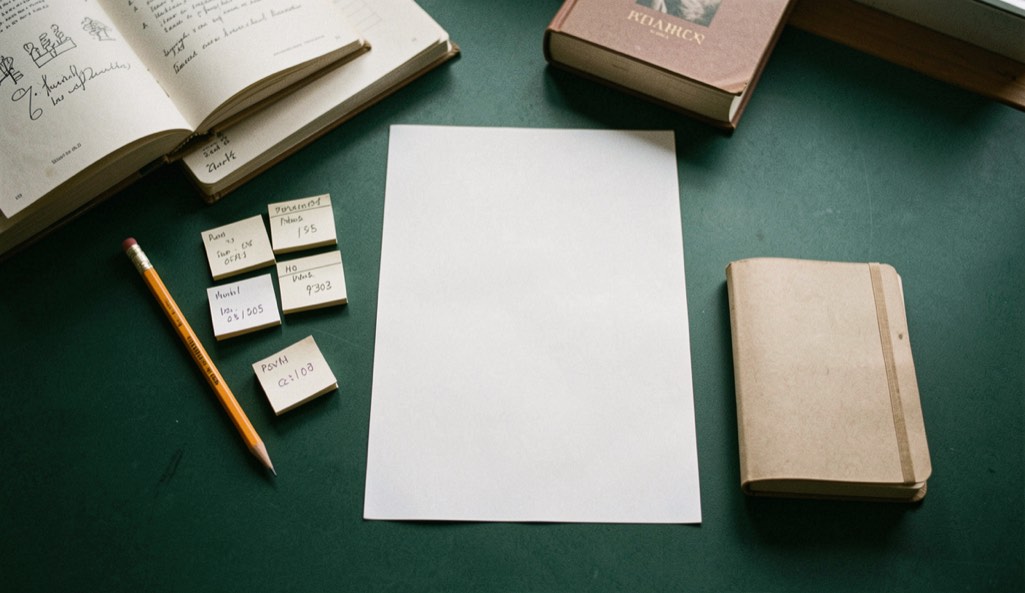Overhead documentary photograph of index cards, a pencil, a book and a small notebook on a deep green desk, blank paper with no legible writing, soft window light. Distinct supporting card P305 1 composition for this editorial entry.