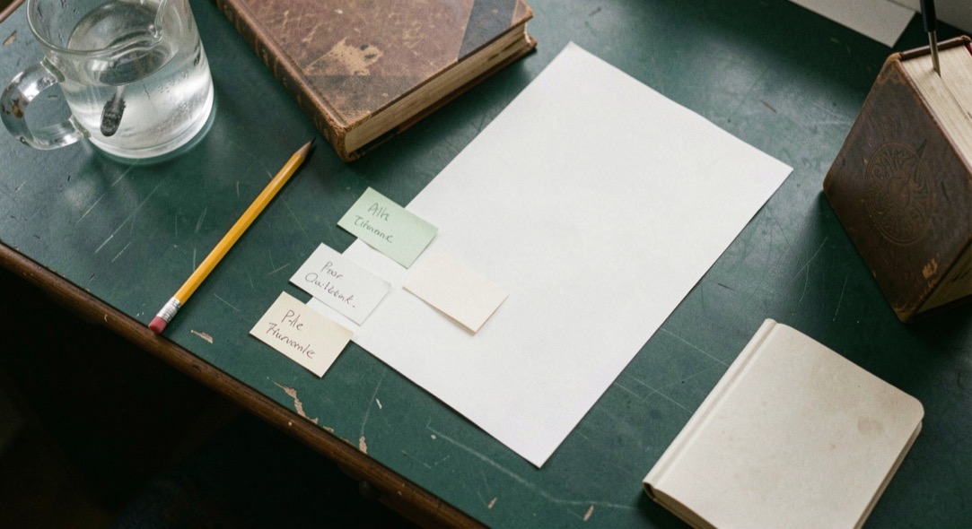 Overhead documentary photograph of index cards, a pencil, a book and a small notebook on a deep green desk, blank paper with no legible writing, soft window light. Distinct supporting card P306 1 composition for this editorial entry.
