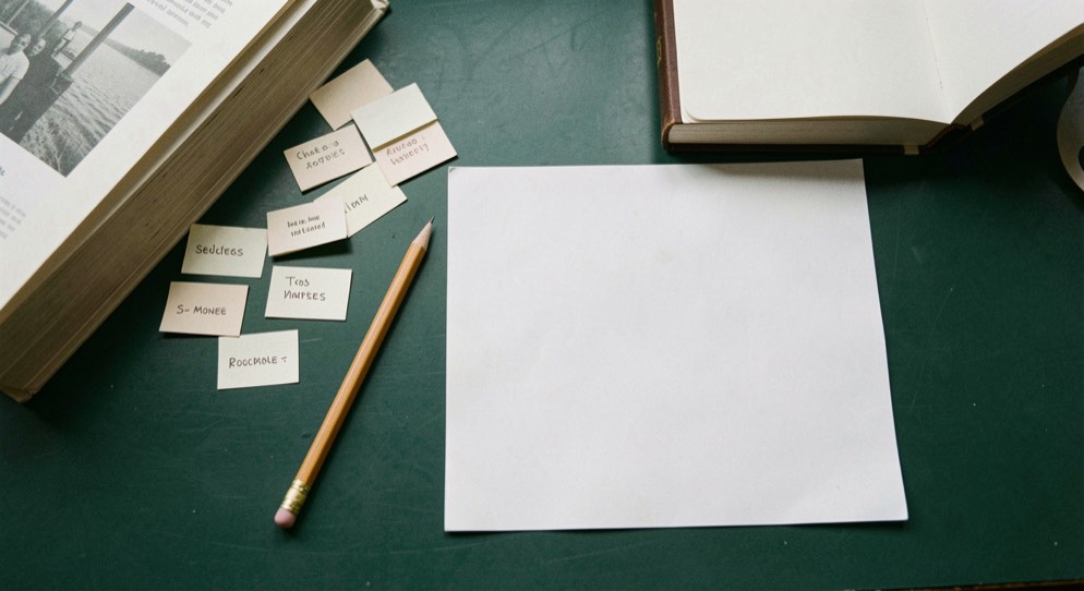 Overhead documentary photograph of index cards, a pencil, a book and a small notebook on a deep green desk, blank paper with no legible writing, soft window light. Distinct supporting card P307 1 composition for this editorial entry.