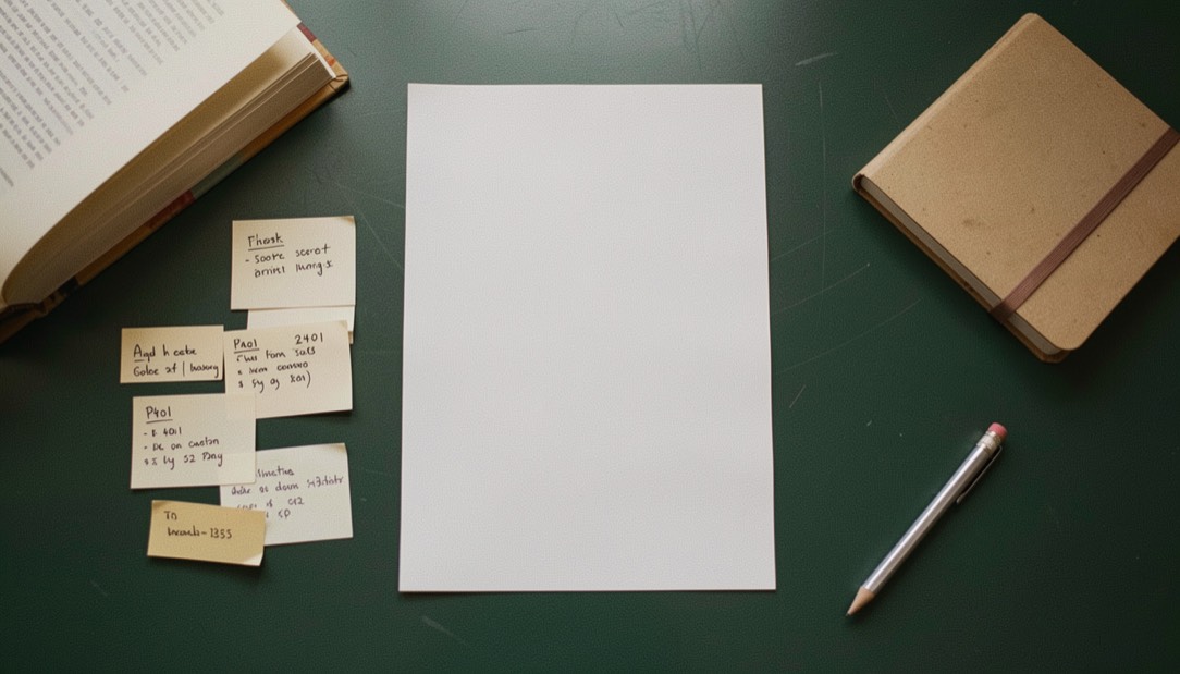 Overhead documentary photograph of index cards, a pencil, a book and a small notebook on a deep green desk, blank paper with no legible writing, soft window light. Distinct supporting card P401 1 composition for this editorial entry.