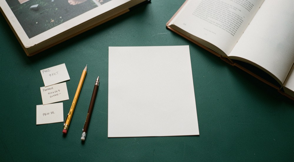 Overhead documentary photograph of index cards, a pencil, a book and a small notebook on a deep green desk, blank paper with no legible writing, soft window light. Distinct supporting card P402 1 composition for this editorial entry.