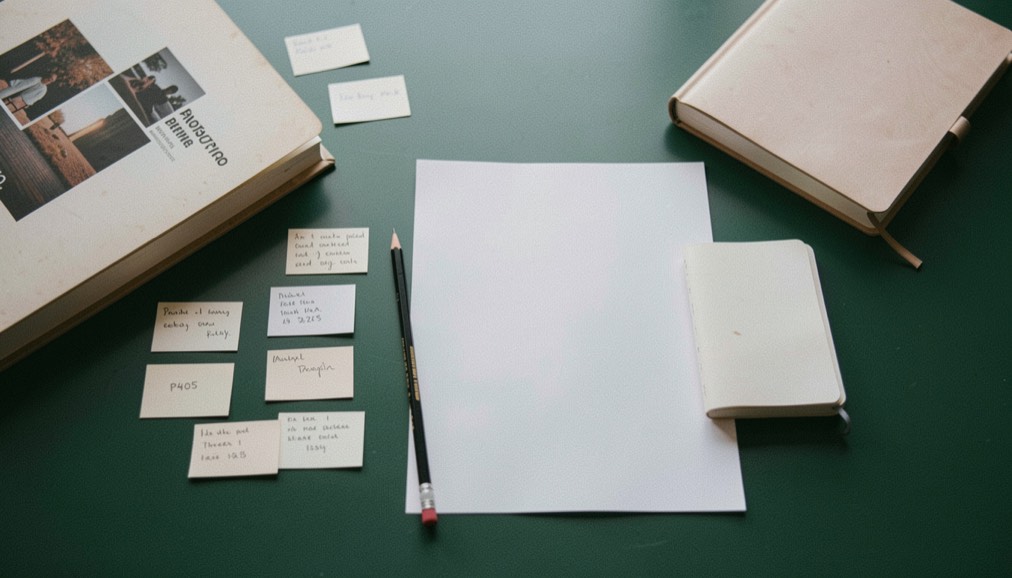 Overhead documentary photograph of index cards, a pencil, a book and a small notebook on a deep green desk, blank paper with no legible writing, soft window light. Distinct supporting card P405 1 composition for this editorial entry.