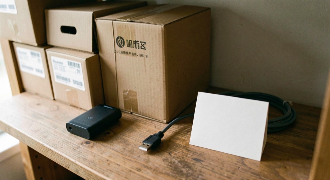 Close documentary photograph of storage boxes, a compact external drive, a cable and blank inventory cards on a wooden shelf, no legible writing, warm daylight. Distinct home category 2 composition for this editorial entry.