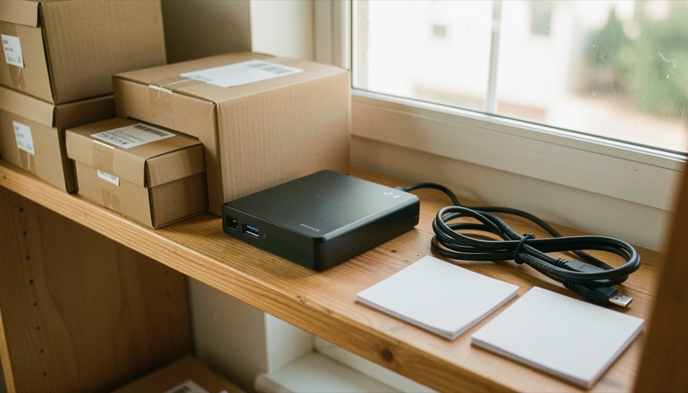 Close documentary photograph of storage boxes, a compact external drive, a cable and blank inventory cards on a wooden shelf, no legible writing, warm daylight. Distinct lead composition for this editorial entry.