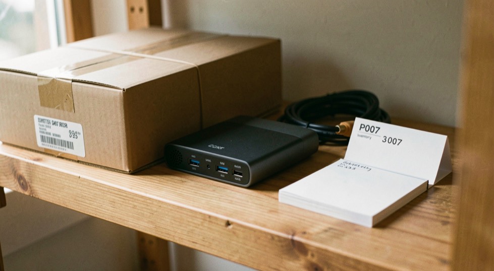 Close documentary photograph of storage boxes, a compact external drive, a cable and blank inventory cards on a wooden shelf, no legible writing, warm daylight. Distinct supporting card P007 3 composition for this editorial entry.