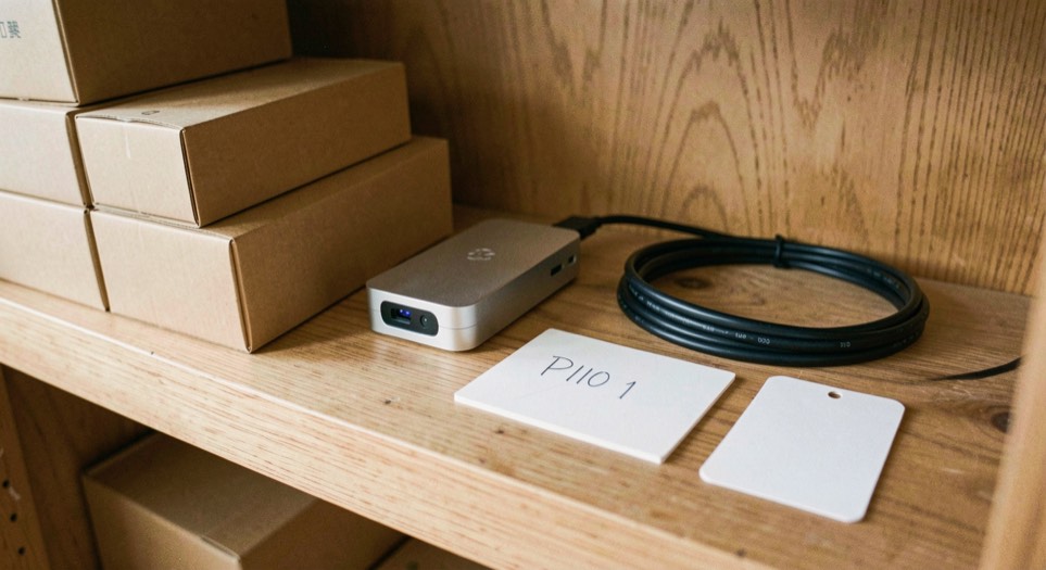 Close documentary photograph of storage boxes, a compact external drive, a cable and blank inventory cards on a wooden shelf, no legible writing, warm daylight. Distinct supporting card P110 1 composition for this editorial entry.
