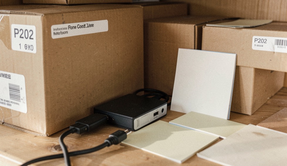 Close documentary photograph of storage boxes, a compact external drive, a cable and blank inventory cards on a wooden shelf, no legible writing, warm daylight. Distinct supporting card P202 1 composition for this editorial entry.
