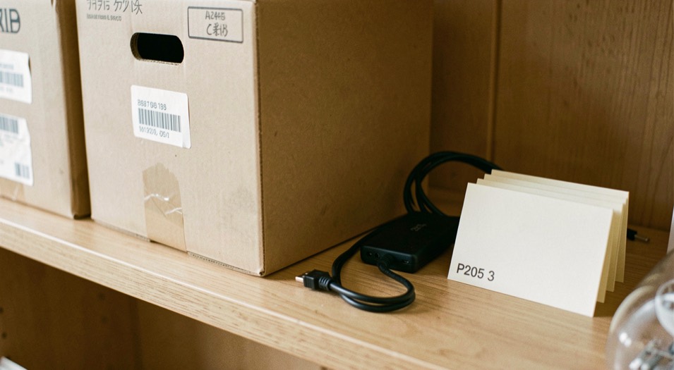 Close documentary photograph of storage boxes, a compact external drive, a cable and blank inventory cards on a wooden shelf, no legible writing, warm daylight. Distinct supporting card P205 3 composition for this editorial entry.