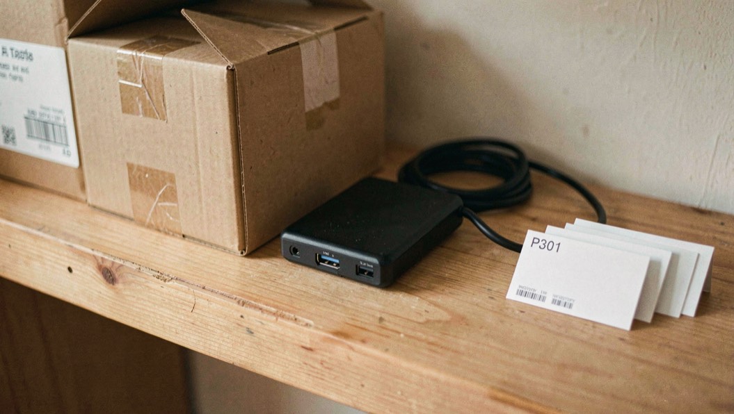 Close documentary photograph of storage boxes, a compact external drive, a cable and blank inventory cards on a wooden shelf, no legible writing, warm daylight. Distinct supporting card P301 2 composition for this editorial entry.