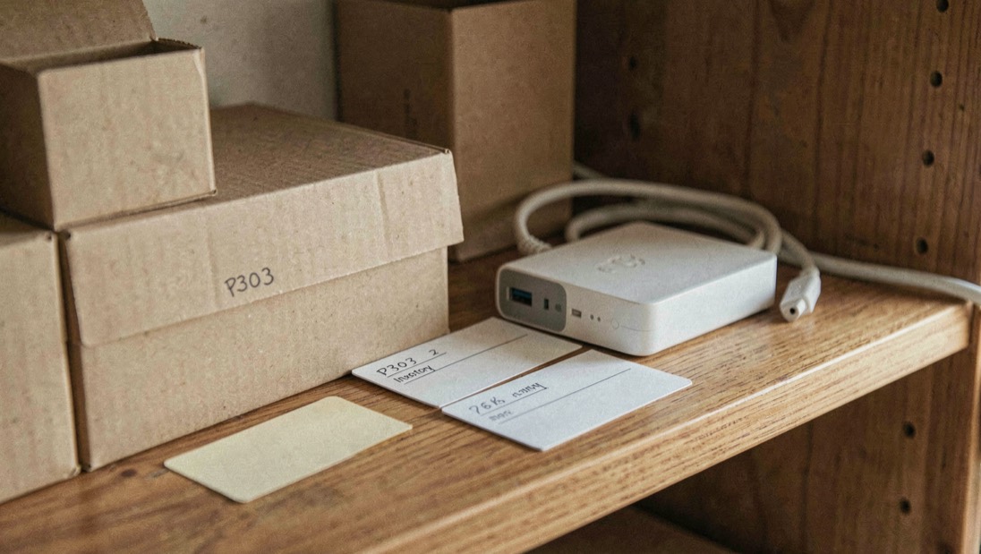 Close documentary photograph of storage boxes, a compact external drive, a cable and blank inventory cards on a wooden shelf, no legible writing, warm daylight. Distinct supporting card P303 2 composition for this editorial entry.