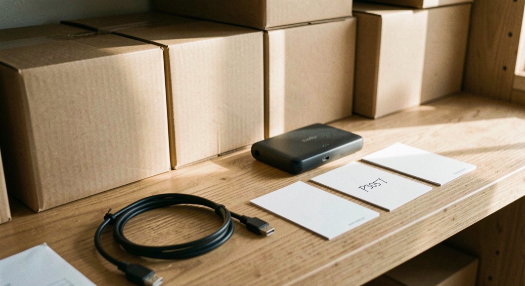 Close documentary photograph of storage boxes, a compact external drive, a cable and blank inventory cards on a wooden shelf, no legible writing, warm daylight. Distinct supporting card P305 2 composition for this editorial entry.