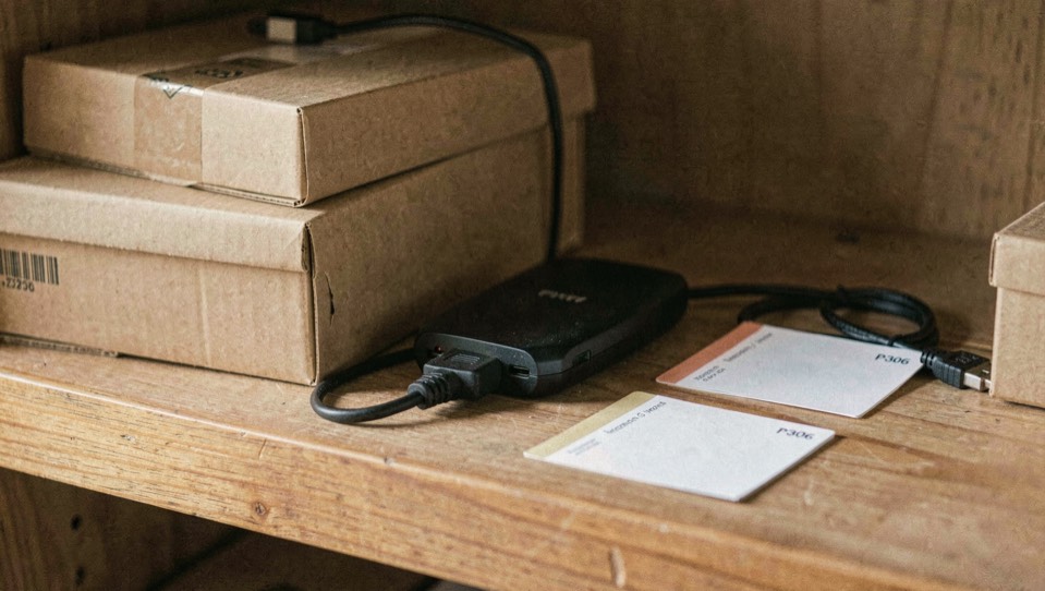 Close documentary photograph of storage boxes, a compact external drive, a cable and blank inventory cards on a wooden shelf, no legible writing, warm daylight. Distinct supporting card P306 2 composition for this editorial entry.