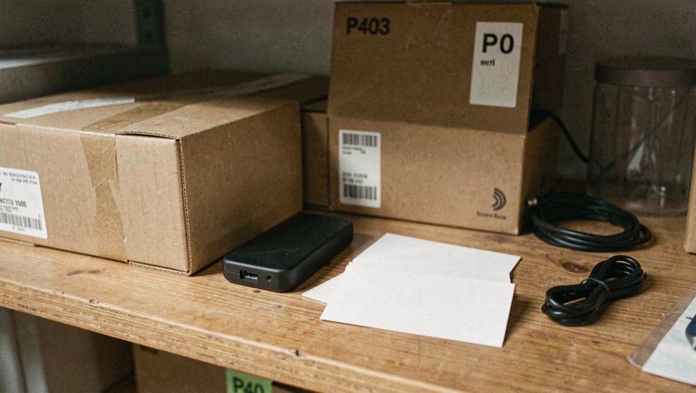 Close documentary photograph of storage boxes, a compact external drive, a cable and blank inventory cards on a wooden shelf, no legible writing, warm daylight. Distinct supporting card P403 1 composition for this editorial entry.