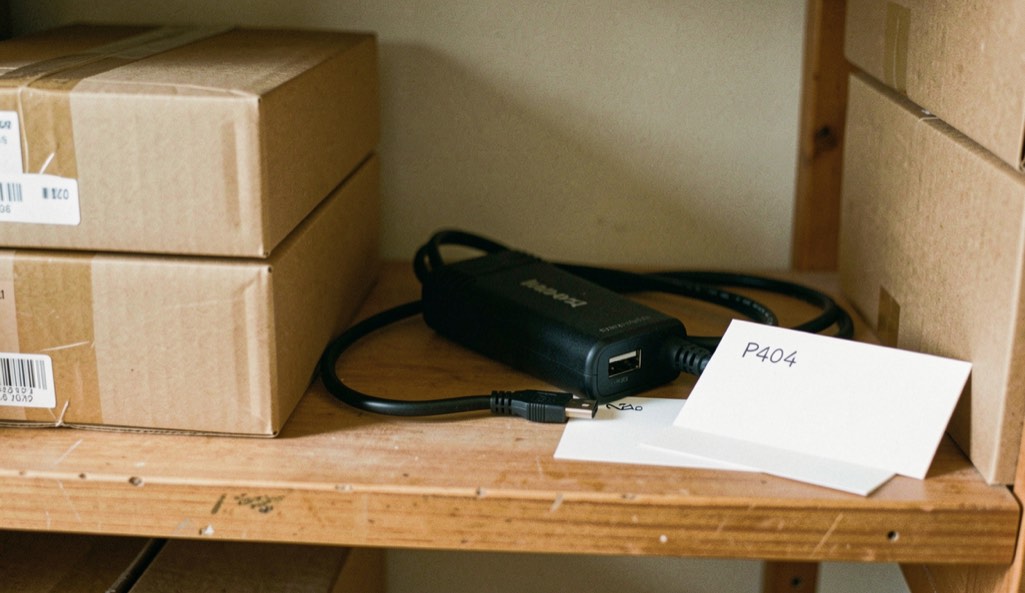 Close documentary photograph of storage boxes, a compact external drive, a cable and blank inventory cards on a wooden shelf, no legible writing, warm daylight. Distinct supporting card P404 1 composition for this editorial entry.