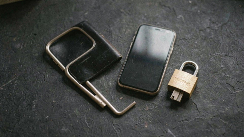 Documentary photograph of a metal key, a phone with a blank dark screen and a small padlock on a charcoal surface, no visible writing, controlled side light. Distinct home category 3 composition for this editorial entry.