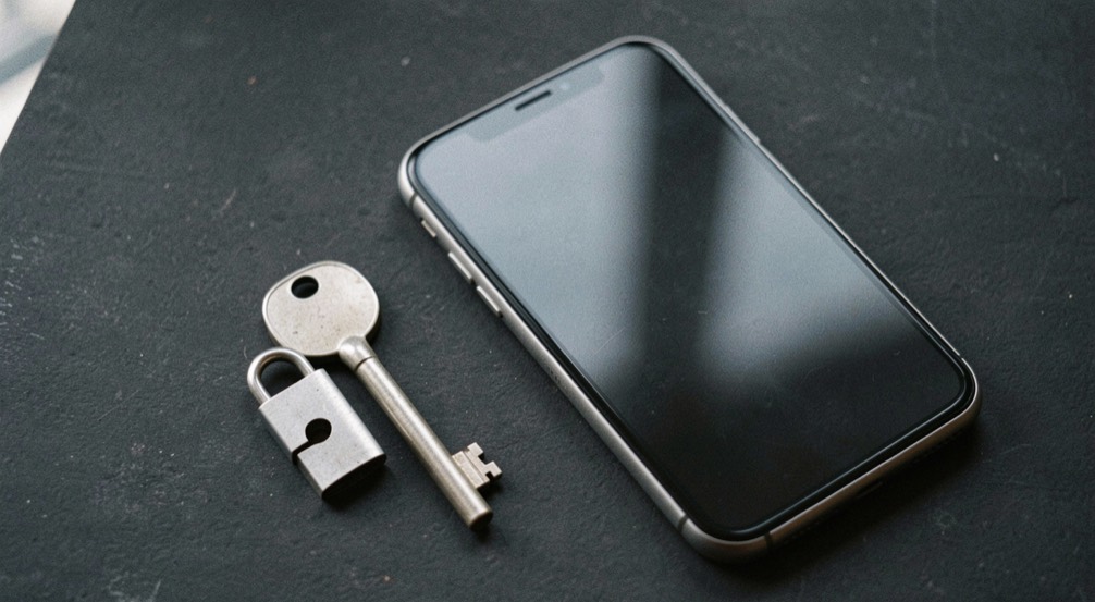 Documentary photograph of a metal key, a phone with a blank dark screen and a small padlock on a charcoal surface, no visible writing, controlled side light. Distinct supporting card P006 3 composition for this editorial entry.