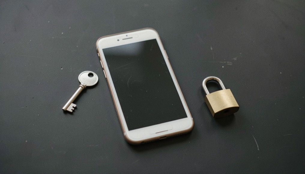Documentary photograph of a metal key, a phone with a blank dark screen and a small padlock on a charcoal surface, no visible writing, controlled side light. Distinct supporting card P007 4 composition for this editorial entry.