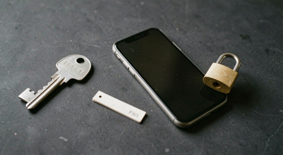 Documentary photograph of a metal key, a phone with a blank dark screen and a small padlock on a charcoal surface, no visible writing, controlled side light. Distinct supporting card P301 3 composition for this editorial entry.