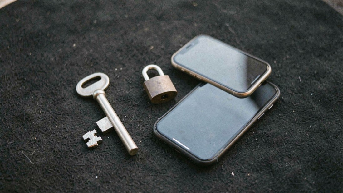 Documentary photograph of a metal key, a phone with a blank dark screen and a small padlock on a charcoal surface, no visible writing, controlled side light. Distinct supporting card P305 3 composition for this editorial entry.