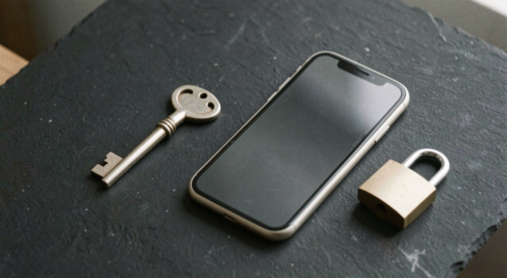 Documentary photograph of a metal key, a phone with a blank dark screen and a small padlock on a charcoal surface, no visible writing, controlled side light. Distinct supporting card P306 3 composition for this editorial entry.