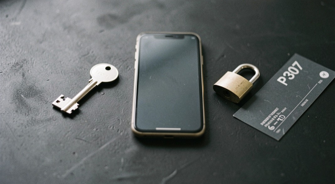 Documentary photograph of a metal key, a phone with a blank dark screen and a small padlock on a charcoal surface, no visible writing, controlled side light. Distinct supporting card P307 3 composition for this editorial entry.