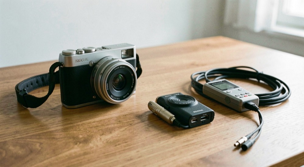 Documentary photograph of a compact camera, headphones, an audio recorder and a coiled cable on a studio table, no visible screens or writing, clean side light. Distinct home category 4 composition for this editorial entry.