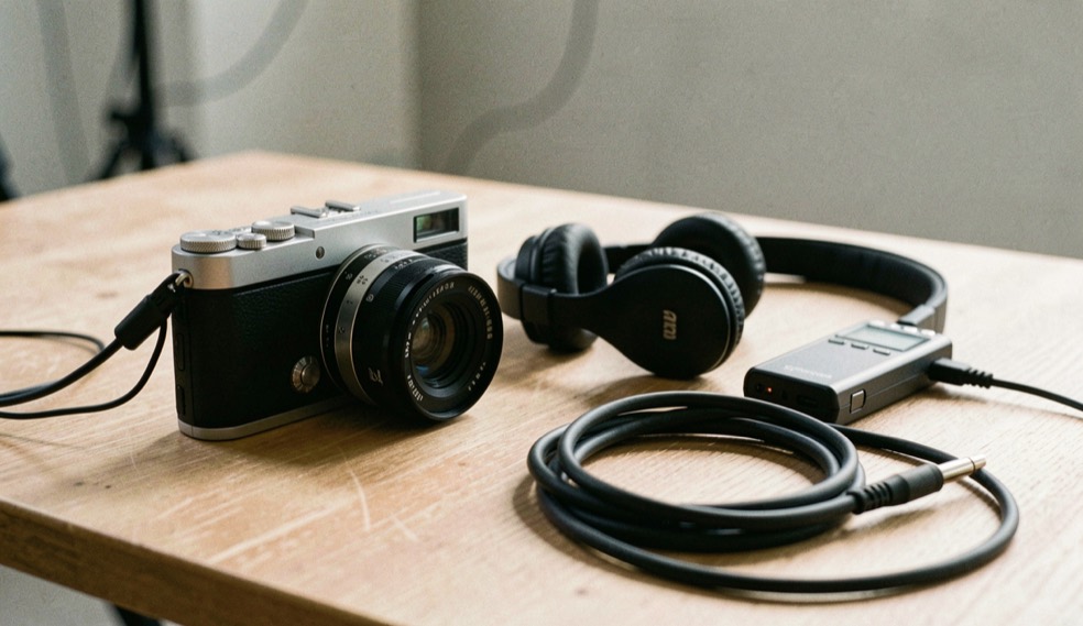 Documentary photograph of a compact camera, headphones, an audio recorder and a coiled cable on a studio table, no visible screens or writing, clean side light. Distinct lead composition for this editorial entry.