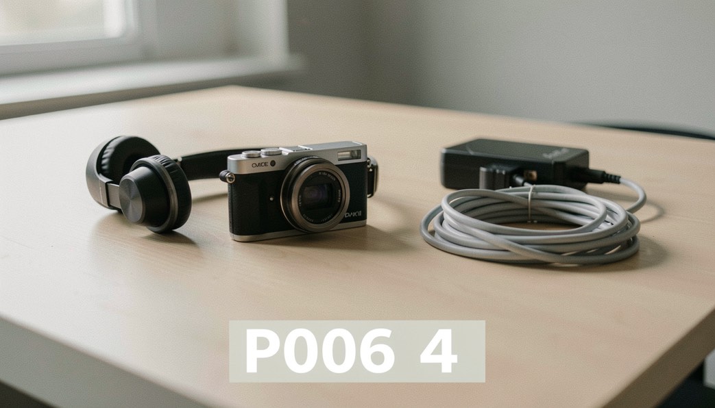 Documentary photograph of a compact camera, headphones, an audio recorder and a coiled cable on a studio table, no visible screens or writing, clean side light. Distinct supporting card P006 4 composition for this editorial entry.