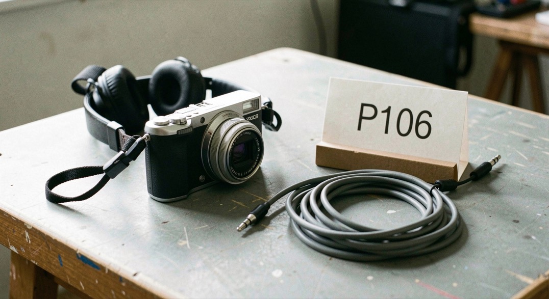 Documentary photograph of a compact camera, headphones, an audio recorder and a coiled cable on a studio table, no visible screens or writing, clean side light. Distinct supporting card P106 1 composition for this editorial entry.