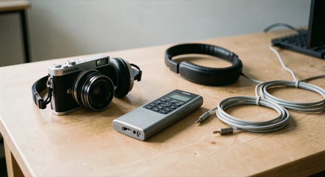Documentary photograph of a compact camera, headphones, an audio recorder and a coiled cable on a studio table, no visible screens or writing, clean side light. Distinct supporting card P107 1 composition for this editorial entry.