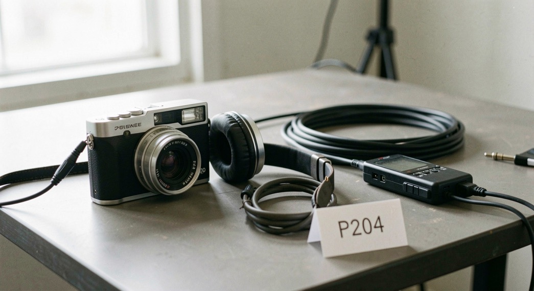 Documentary photograph of a compact camera, headphones, an audio recorder and a coiled cable on a studio table, no visible screens or writing, clean side light. Distinct supporting card P204 1 composition for this editorial entry.