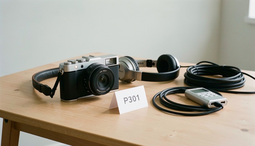 Documentary photograph of a compact camera, headphones, an audio recorder and a coiled cable on a studio table, no visible screens or writing, clean side light. Distinct supporting card P301 4 composition for this editorial entry.