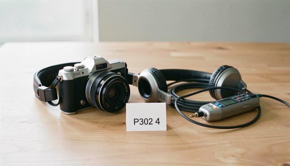 Documentary photograph of a compact camera, headphones, an audio recorder and a coiled cable on a studio table, no visible screens or writing, clean side light. Distinct supporting card P302 4 composition for this editorial entry.