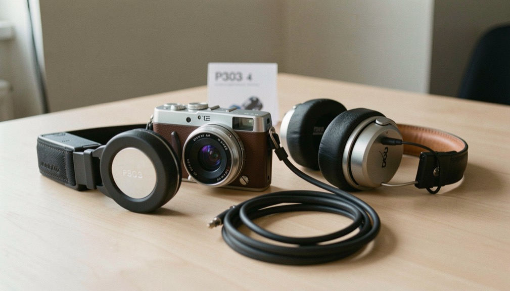 Documentary photograph of a compact camera, headphones, an audio recorder and a coiled cable on a studio table, no visible screens or writing, clean side light. Distinct supporting card P303 4 composition for this editorial entry.